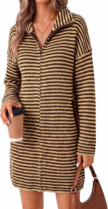 Wenrine Womens Striped Long Cardigan Mock Neck Knit Zip Up Sweater Dress | Amazon (US)
