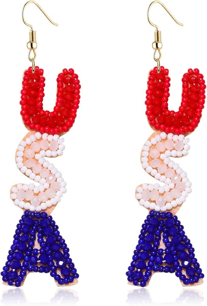 American Flag Earrings for Women Girls Handmade Beaded 4th of July Earrings Patriotic Red White B... | Amazon (US)