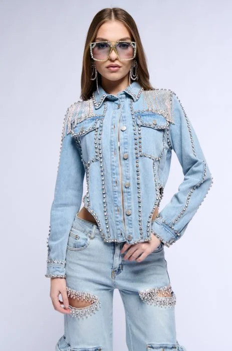 CARLIS DISTRICT COWGIRLS BLING DENIM JACKET IN DENIM | AKIRA
