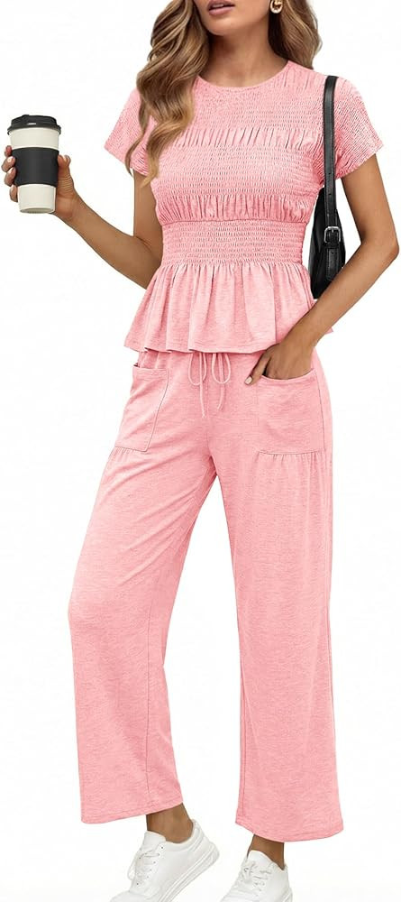 Cicy Bell Womens 2 Piece Outfits Smocked Short Sleeve Tops Wide Leg Elastic Waist Pants Casual Bo... | Amazon (US)
