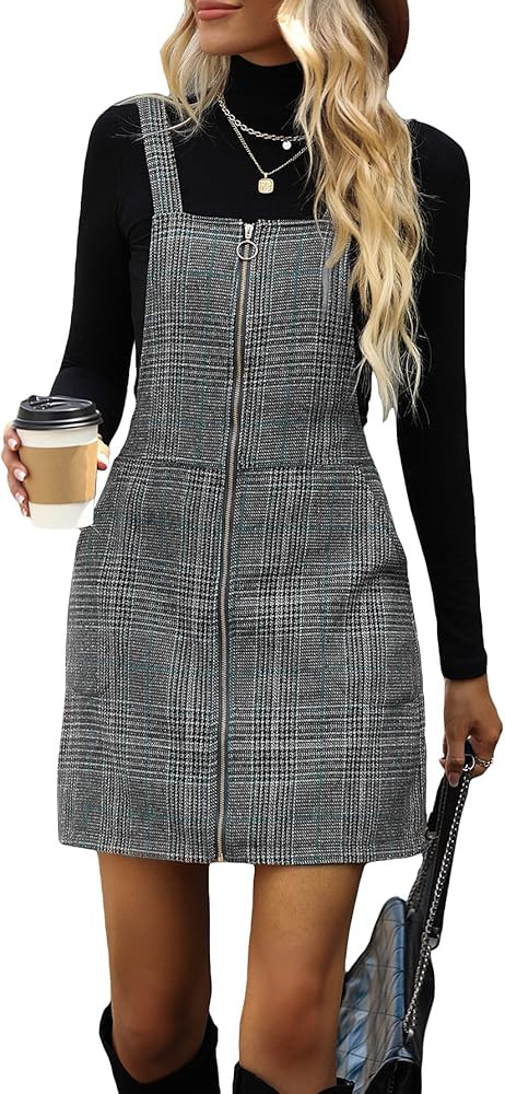 Floerns Women's Casual Tartan Print Zip Up Sleeveless Pinafore Overall Dress | Amazon (US)