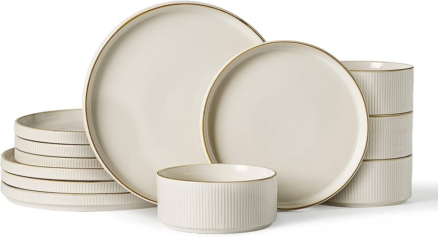 famiware Star Dinnerware Set, Plates and Bowls Sets for 4 (12pcs), Ribbed Stoneware Dishes - Chip... | Amazon (US)