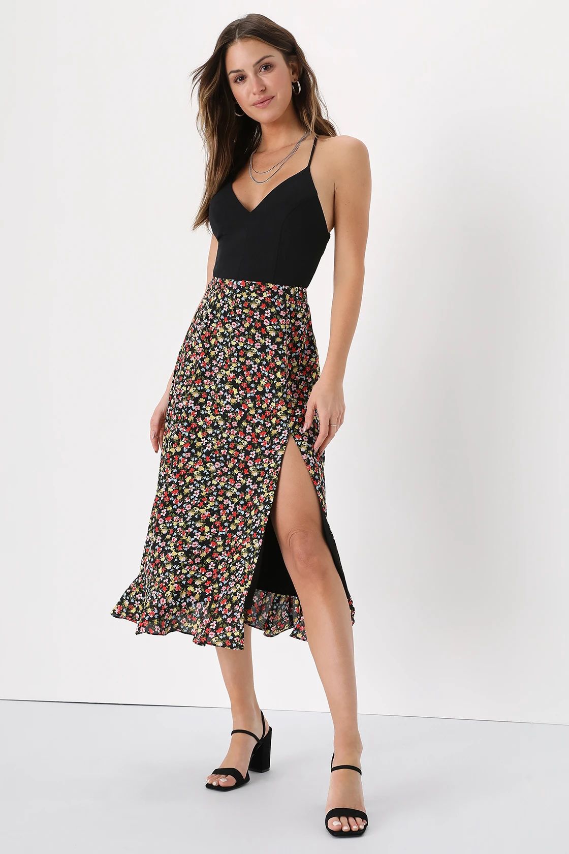 City Sweetie Black Floral Print Ruffled Midi Skirt | Lulus