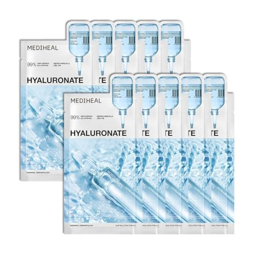 Mediheal Essential Face Mask [Hyaluronic Acid] Ultra Hydration 10 pcs. with 98% Purity Hyaluronic Acid for long-lasting, deep hydration, Moisture Barrier - Travel Size, Vegan Formula Korean Sheet Mask | Amazon (US)
