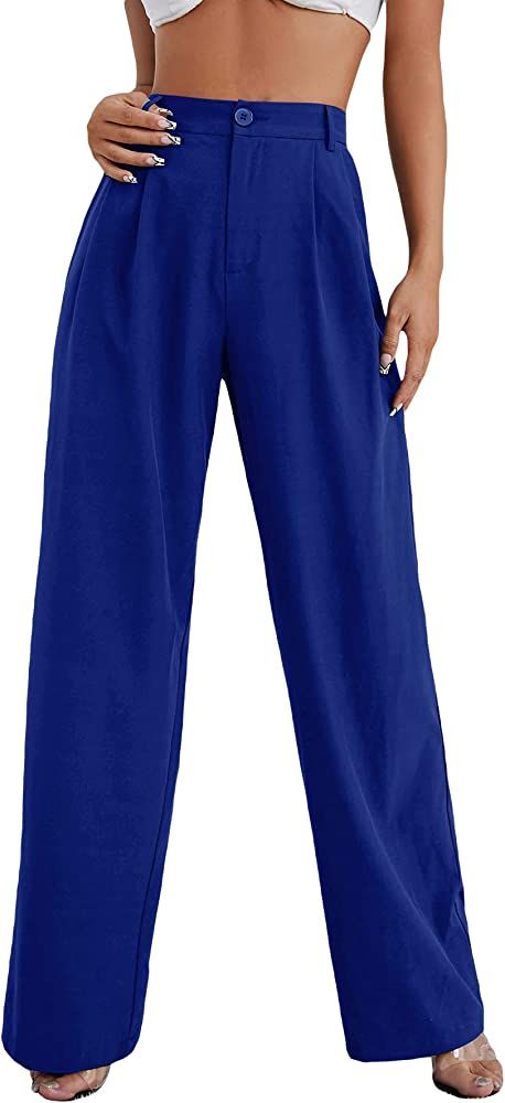 SweatyRocks Women's Casual Wide Leg High Waisted Button Down Straight Long Trousers Pants | Amazon (US)