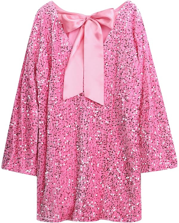 Womens Long Sleeve Sparkly Sequin Mini Dress Backless Bow Tie Short Dress Loose Fit Party Cocktai... | Amazon (US)