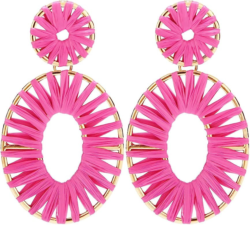 BaubleStar Raffia Tassel Hoop Drop Earrings Handmade Fashion Statement Jewelry for Women Girls | Amazon (US)