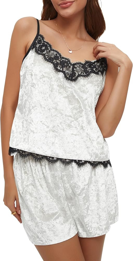CHYRII Women's Sexy Velvet Two Piece Pajamas Sets Lace Trim Cami Tops Shorts Sleepwear | Amazon (US)
