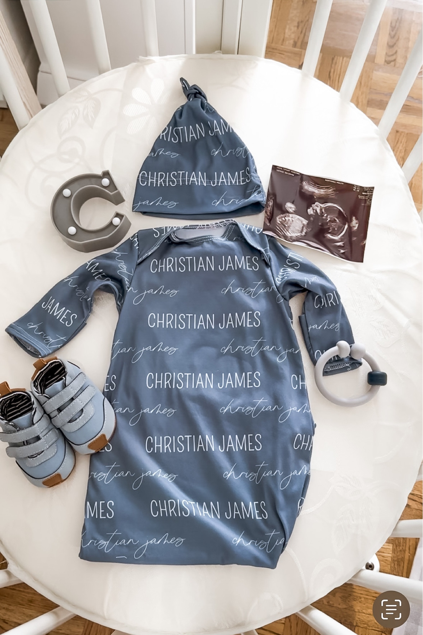 Caden Lane Personalized knotted newborn gown and matching baby beanie. Baby name announcement outfit. 

#LTKbump #LTKkids #LTKbaby