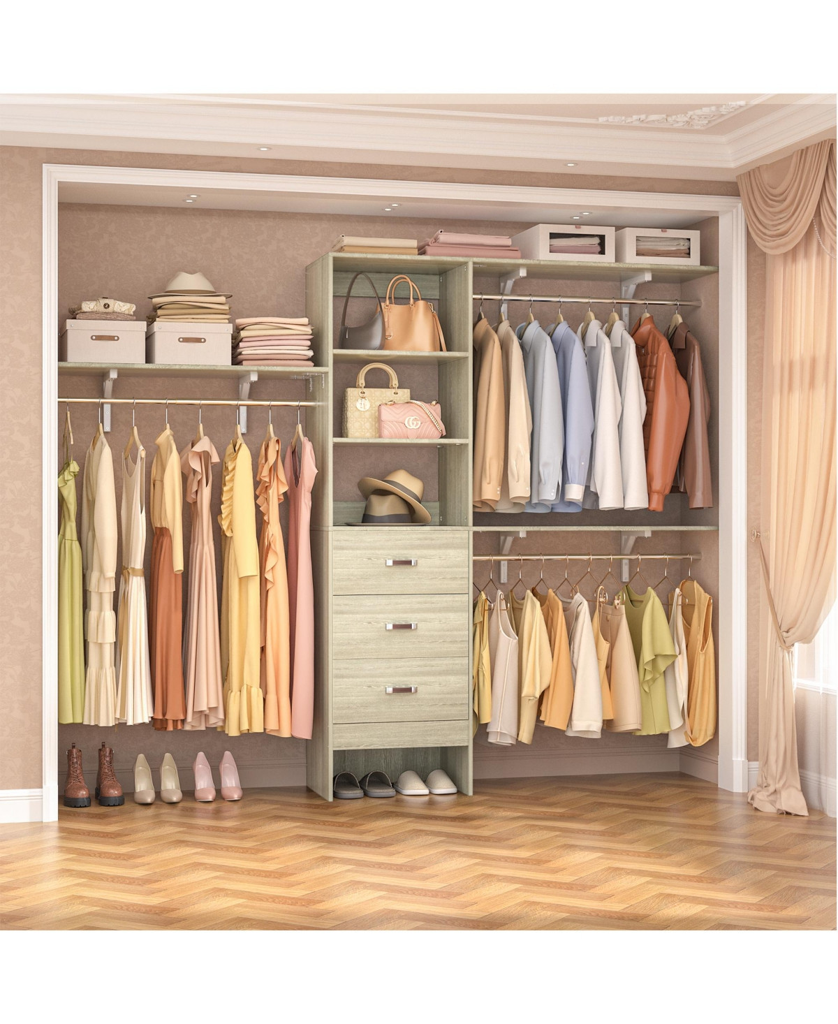8FT Walk In Closet Organizer with 3 Shelving Towers, Heavy Duty Clothes Rack with 3 Drawers - Washed oak | Macy's