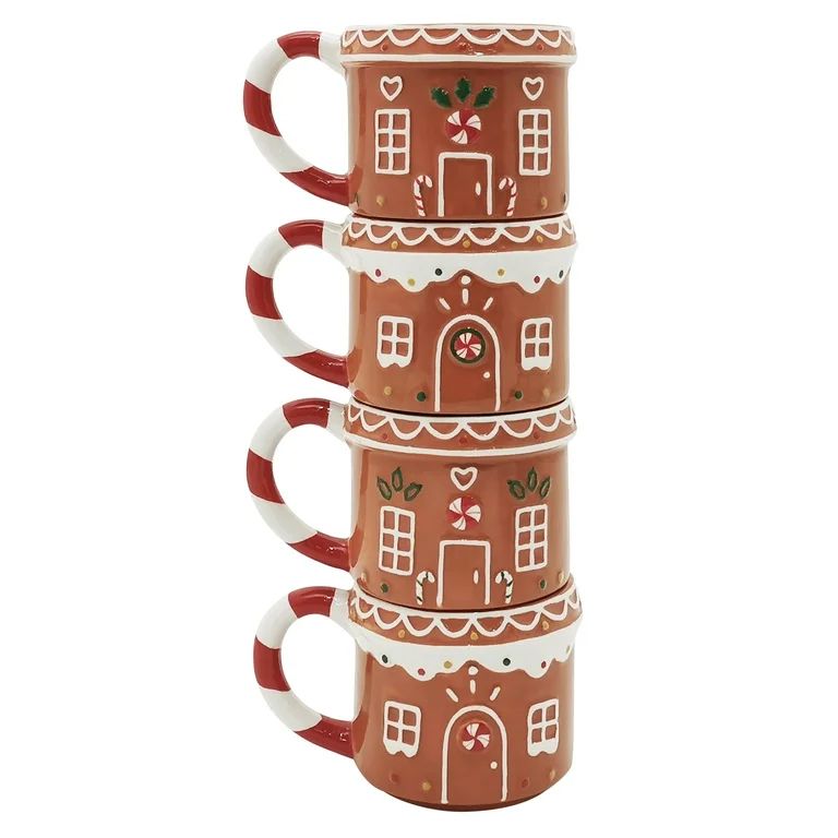 Holiday Time Gingerbread House Stackable Stoneware Mug with Metal Rack Set,  Multi Color | Walmart (US)