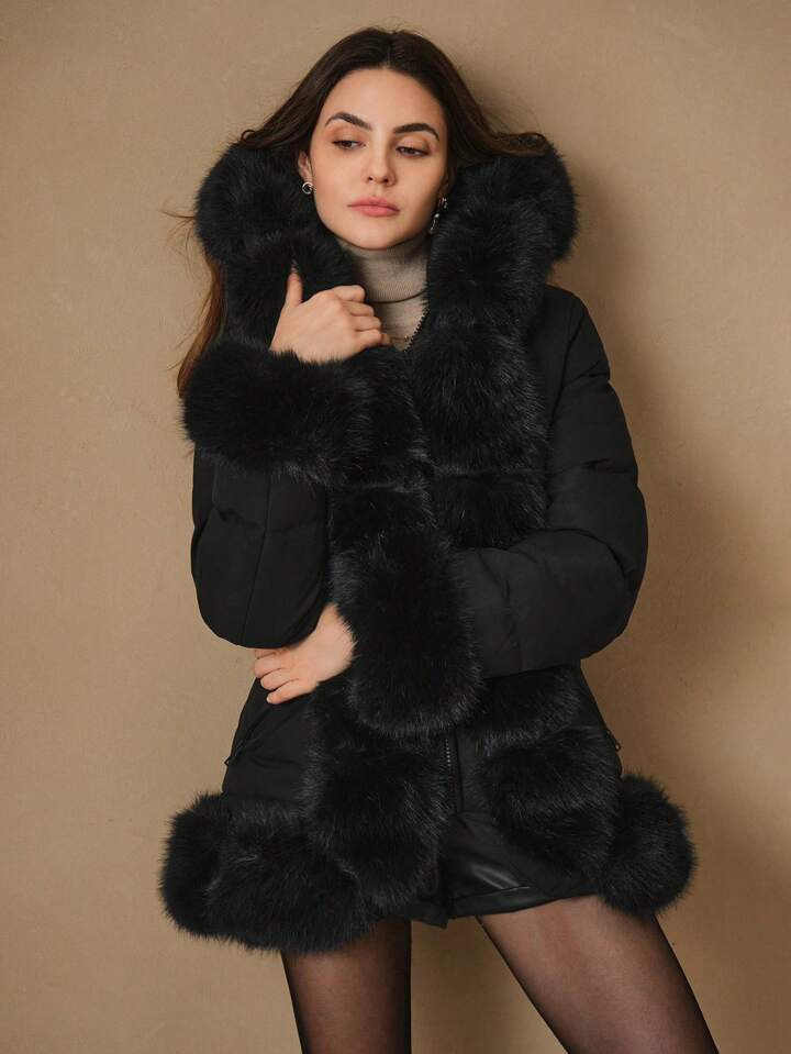Anewsta Thick Mid-Length Fluffy Fur Collar Quilted Hooded Padded Padded Coat | SHEIN