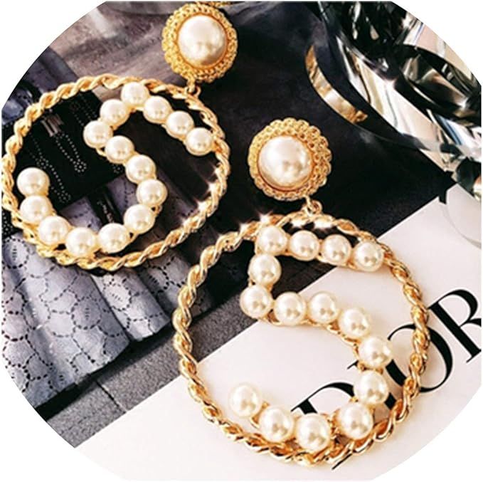 Women Jewelry Simple Simulated Pearl Number 5 Big Circle Earrings Black Ribbon Weaves | Amazon (US)