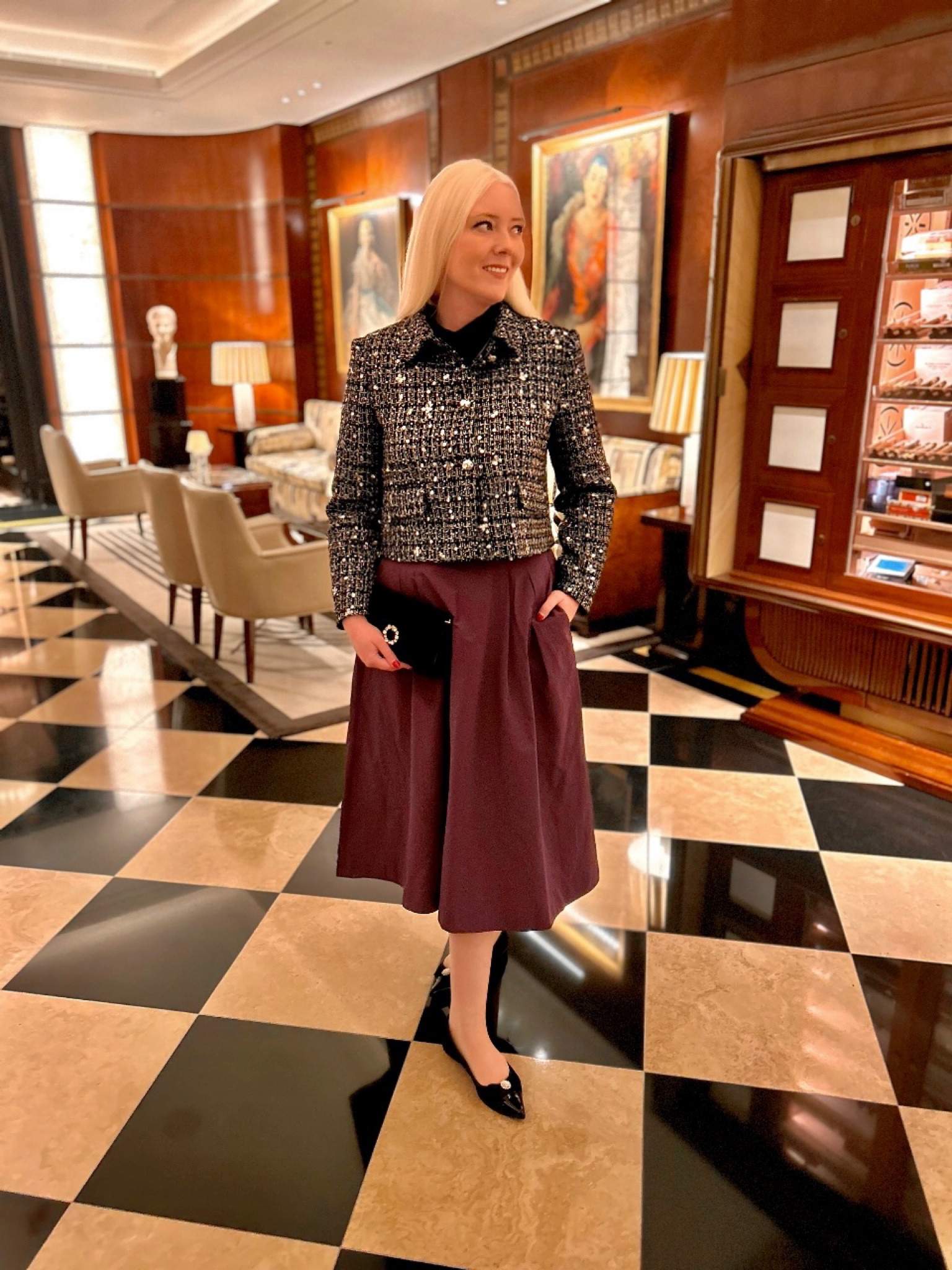 Autumn date night dressing & this outfit isn’t as expensive as it hopefully looks! The black sequin cropped jacket is from Zara AW24, the Mischa black jersey roll neck is Hobbs London and the purple taffeta skirt is by Boden Clothing - catch 25% off at Boden ending today! Finishing touches include silver drop earrings by Dower and Hall, the Strictly black suede leather bag with jewelled detailing and with a classy gold chain for wearing crossbody is from Russell and Bromley. Finally, the pointed black suede pointed flat shoes with cute pearl detailing are by Pretty Ballerinas. I’ve also included plenty of other options to make this look your own 💕

#LTKeurope #LTKuk #LTKautumn