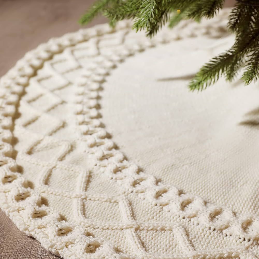NIBESSER White Cable Knit Tree Skirt Diamond Lattice Christmas Tree Skirt 48 Inches Large Knitted... | Amazon (CA)