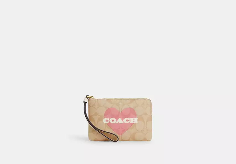 Corner Zip Wristlet In Signature Canvas With Heart Print | Coach Outlet US