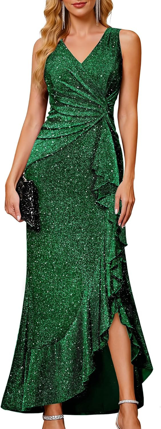 BeryLove Womens Sequin Formal Long Ruffle Dress Party Wedding Cocktail Gown | Amazon (US)