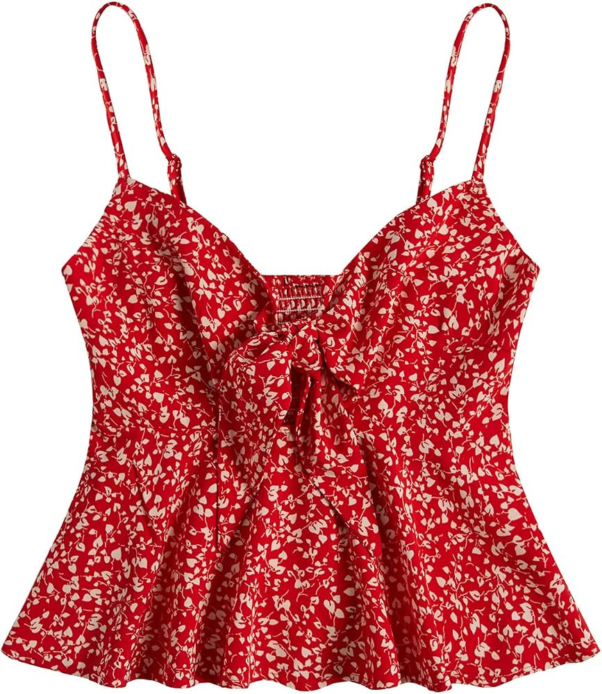SheIn Women's Floral Smocked Peplum Crop Top Ruffle Boho Tie Front Sleeveless V Neck Shirred Cami | Amazon (US)