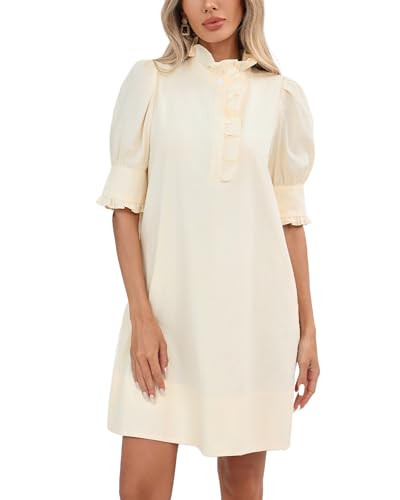 YEXPINE Women's Puff Short Sleeve Stand Ruffle Collar Summer Dress Casual A Line Shift Mini Dress with Pockets Apricot | Amazon (US)