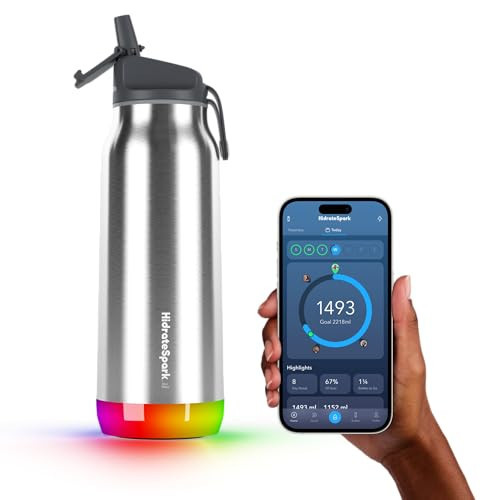 Hidrate Spark PRO Smart Water Bottle – Insulated Stainless Steel – Tracks Water Intake with Bluetooth, LED Glow Reminder When You Need to Drink – Straw Lid, 32oz, Brushed Steel | Amazon (US)