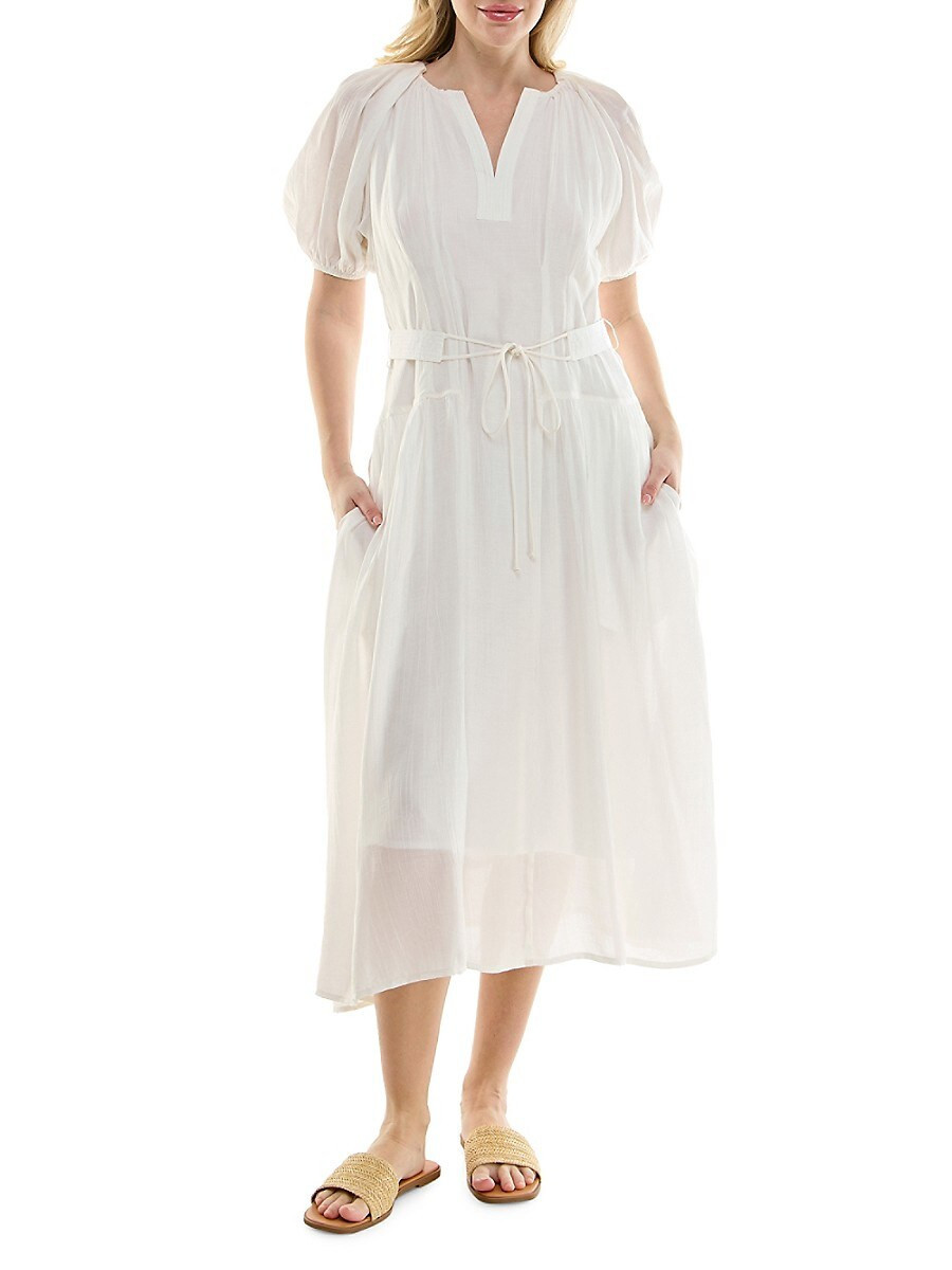 Nicole Miller Women's Crinkle Cotton Puff-Sleeve Midi Dress - Brilliant White - Size 14 | Saks Fifth Avenue OFF 5TH