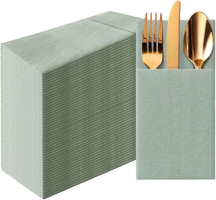 PAW - Sage Linen Feel Napkins with Built-in Flatware Pocket, Airlaid Paper Pre-Folded Napkins for... | Amazon (US)