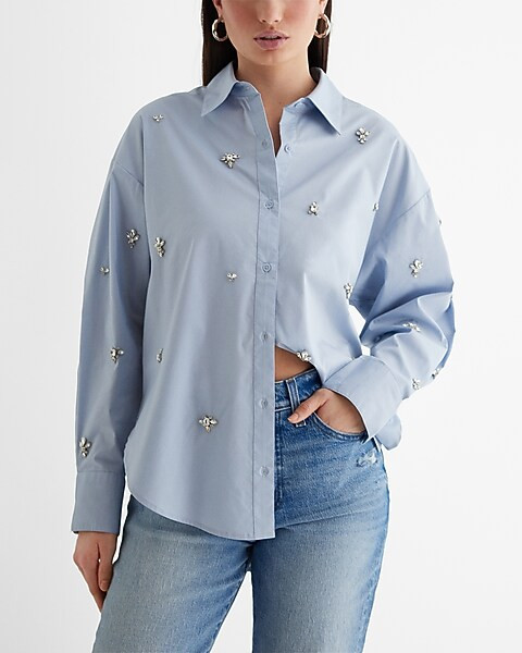 Poplin Embellished Boyfriend Portofino Shirt | Express