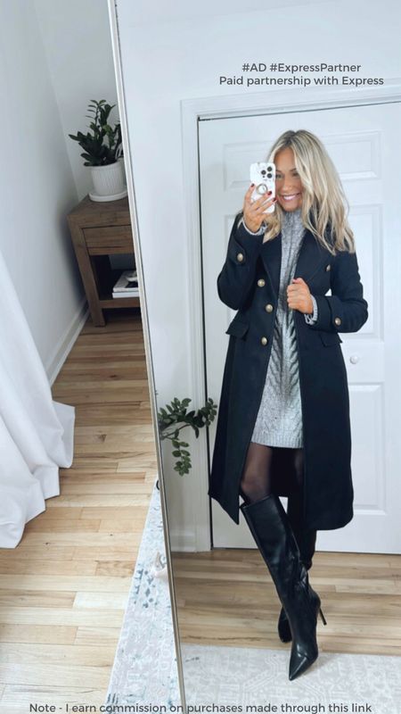 #ad #expresspartner Sweater dress and knee high boots sizing info:
-Black coat - runs TTS, wearing a small
-Sweater dress - I sized up one size for a more oversized fit (wearing a medium)
-Black knee high boots run TTS

Paid partnership with Express
@express #expressyou