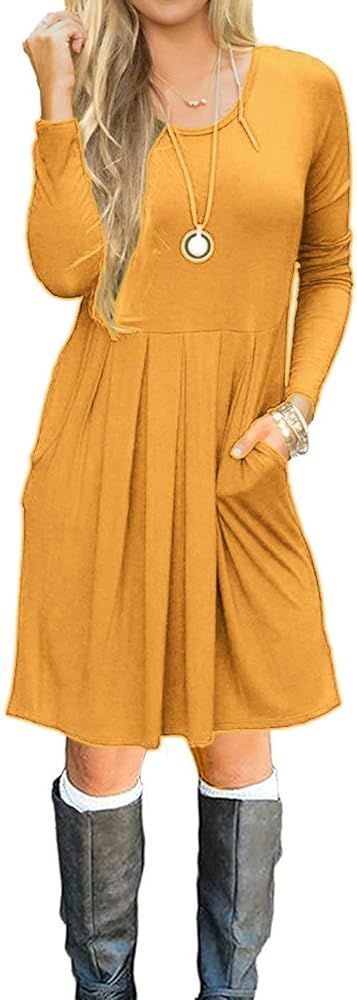 Basic Faith Women's Long Sleeve Pleated Loose Swing Casual Dress with Pockets Knee Length | Amazon (US)