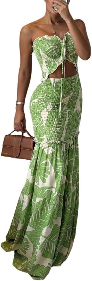 CHICME Floral Printed Prom Dress Tie Ruched Shirred Bandeau Party Dress Slim Fit Ruffle Hem Vacat... | Amazon (US)