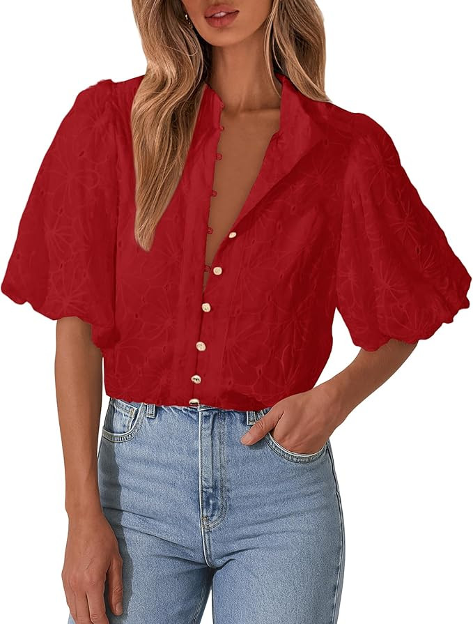 Lazysmile Summer Boho Tops for Women Short Sleeve V Neck Button Down Hollow Out Lace Embroidered ... | Amazon (US)