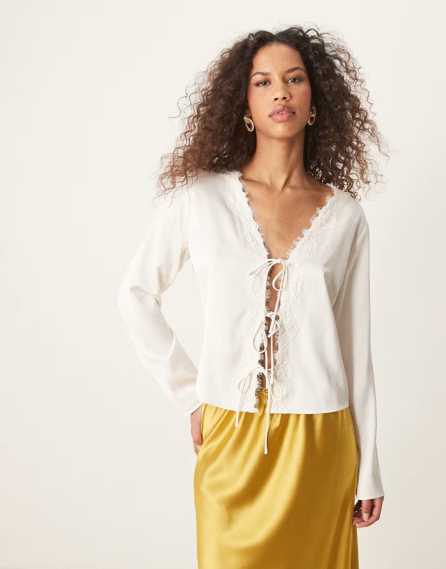 Abercrombie & Fitch lace tie front long sleeve top in cream-White | ASOS (Global)