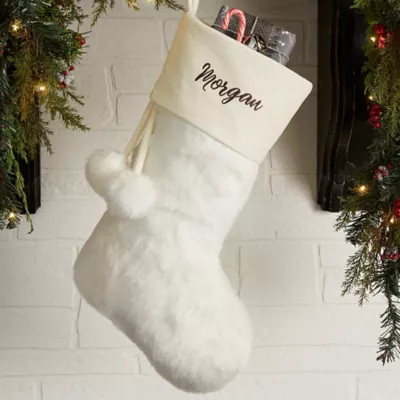 Embroidered Ivory Fur Christmas Stocking | Bed Bath & Beyond