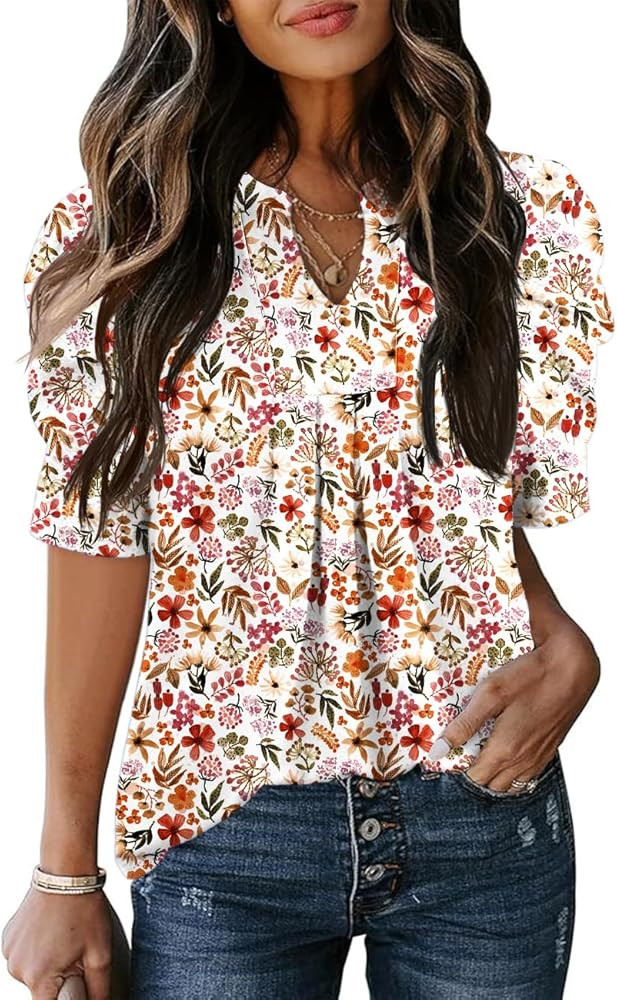 Women's Puff Short Sleeve Shirt V Neck Summer Tops Casual Fashion T Shirts Loose Fit Blouses | Amazon (US)