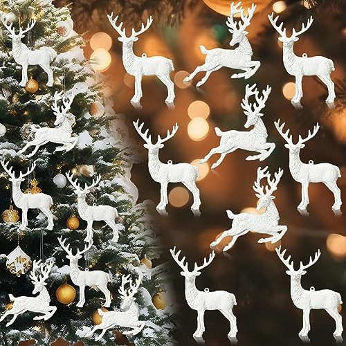 Geetery 12 Pcs Reindeer Christmas Ornaments for Tree White Glitter Deer Hanging Decorations Rusti... | Amazon (US)