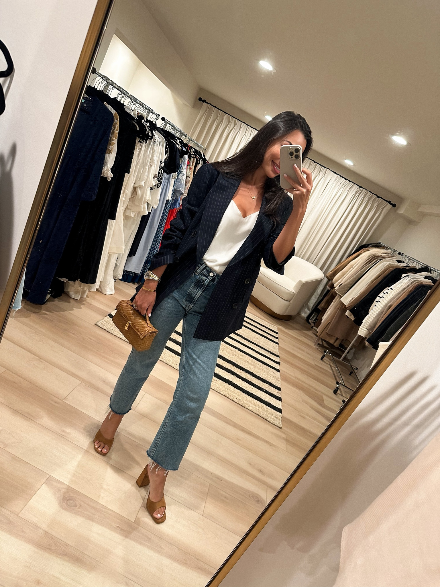 Easy spring date night outfit idea, pinstripe blazer, silk camisole. Staud mule heels similar below!

#LTKSeasonal