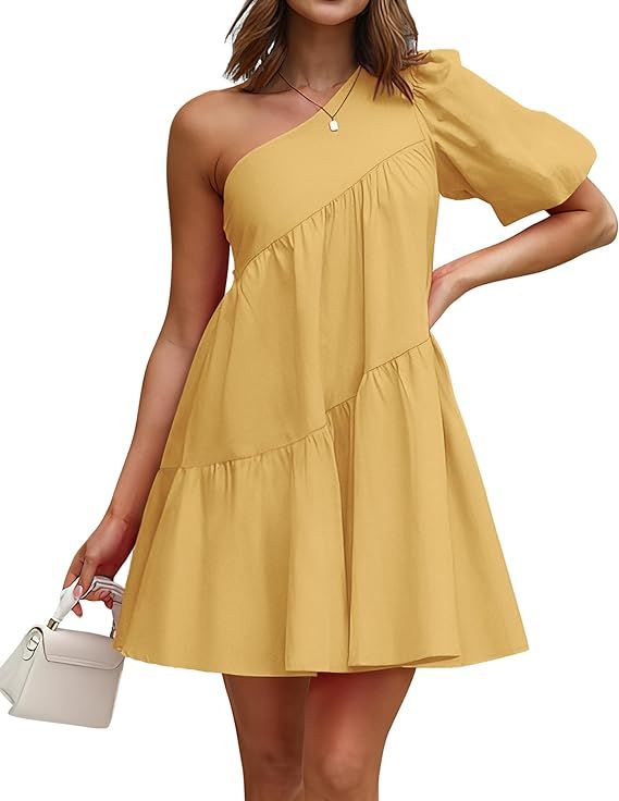 KIRUNDO Womens 2024 Summer Casual One Shoulder Mini Babydoll Dress Puff Sleeve Loose Tiered A Lin... | Amazon (US)