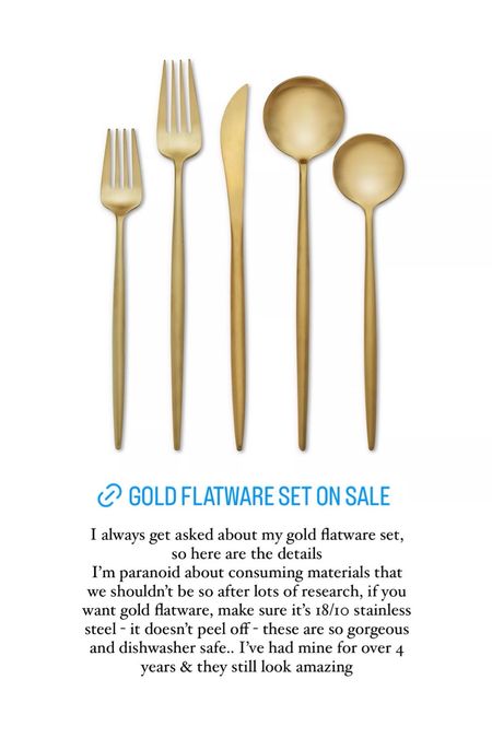 Gold flatware set on sale 
Always make sure they’re 18/10 stainless steel so it doesn’t peel off - I’m paranoid about what we consume and you know they’ll last years 🙌🏻 

Bloomingdale’s 
Wedding registry 
Home favorites 
Hosting favorites 
Gift guide for the hostess 
Kitchen favorites 
Lifestyle 
Modern flatware set 
Summer hosting 
Backyard dining 
Crate and barrel


#LTKparties #LTKsalealert #LTKhome