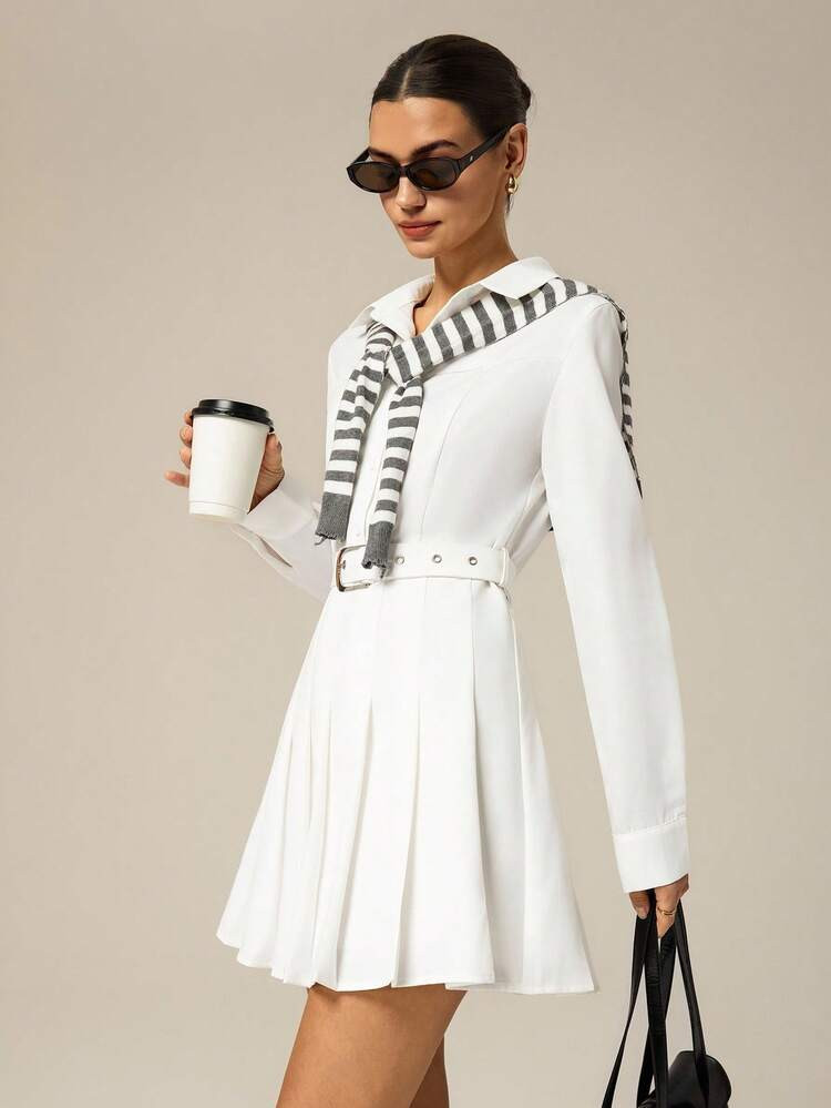 Hanevo Women's Long Sleeve Collared Button-Up Waist Adjustable Casual Dress, Suitable For Commuting, Leisure, And Outings, Basic Layering Dress For Autumn/Winter | SHEIN