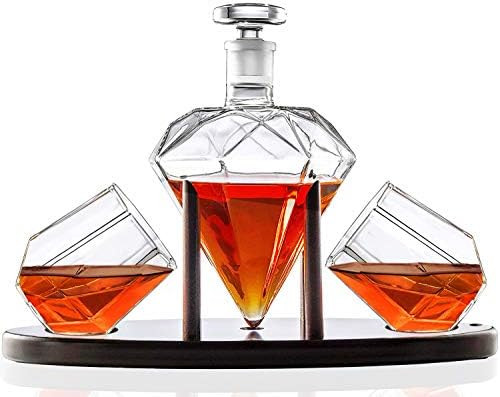 Whiskey Decanter Diamond shaped With 2 Diamond Glasses & Mahogany Wooden Holder – Elegant Handc... | Amazon (US)