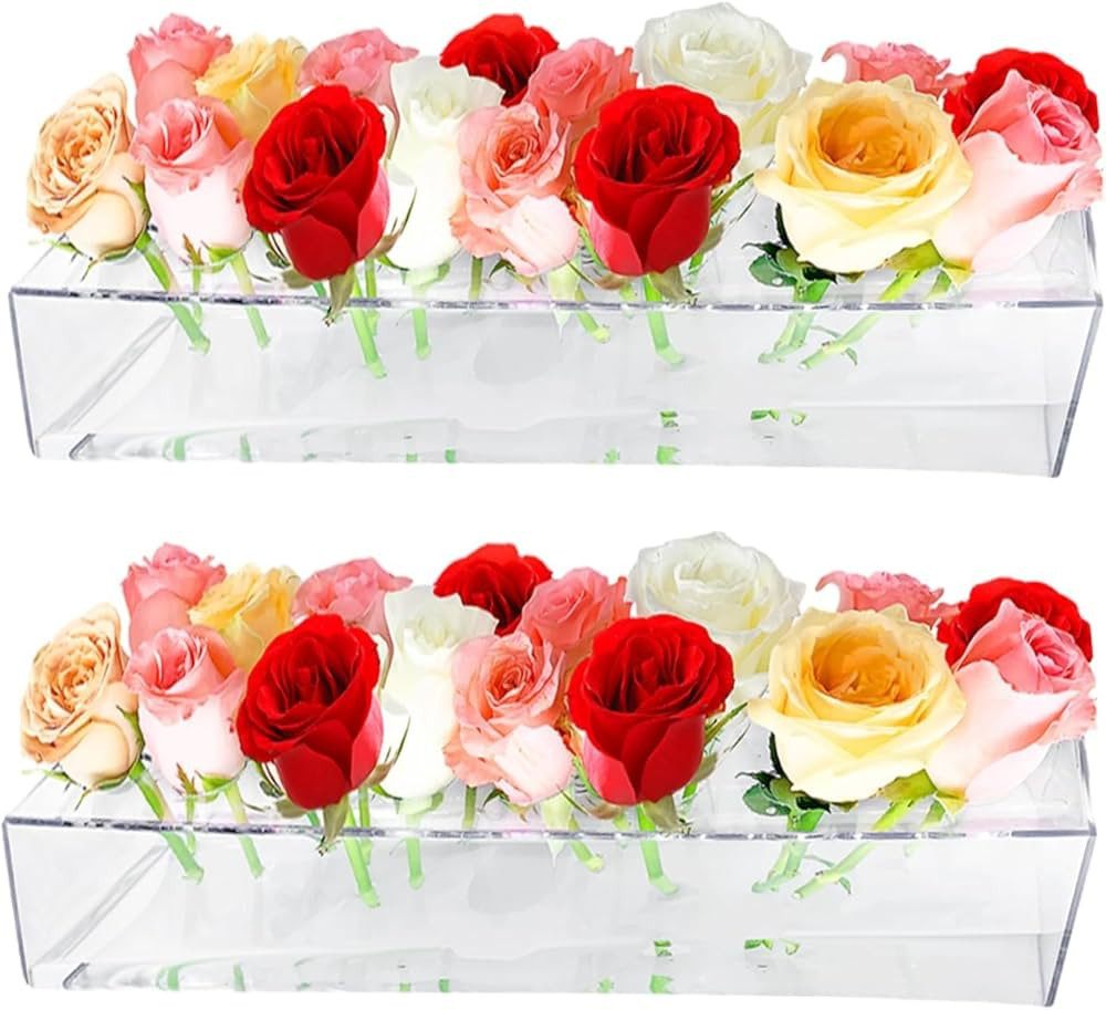 2Pack Clear Acrylic Flower Vase Rectangular, 15.7 Inches Long Floral Centerpiece Low Vases with H... | Amazon (US)