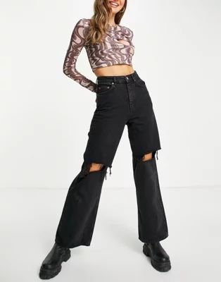 ASOS DESIGN high rise 'relaxed' dad jeans in washed black with rips | ASOS (Global)