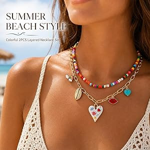 Layered Necklaces For Women, Boho Colorful Beaded Rainbow Shell Turquoise Evil Eye Heart Pendant ... | Amazon (US)