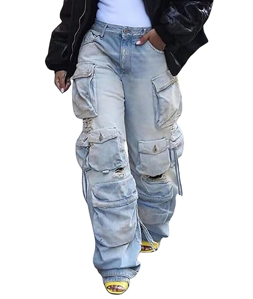 LKOUS Women's Y2K Baggy Straight Wide Leg Cargo Jeans, Streetwear High Waisted Denim Pant | Amazon (US)