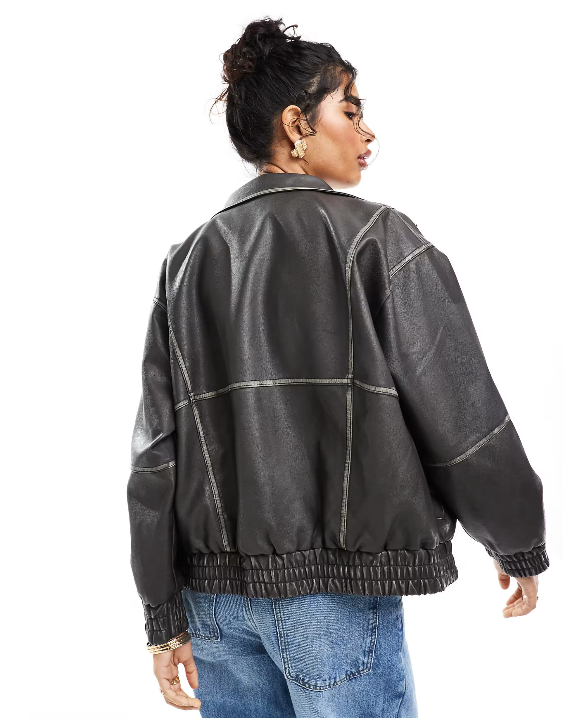 ASOS DESIGN funnel neck leather look bomber jacket in black | ASOS | ASOS (Global)