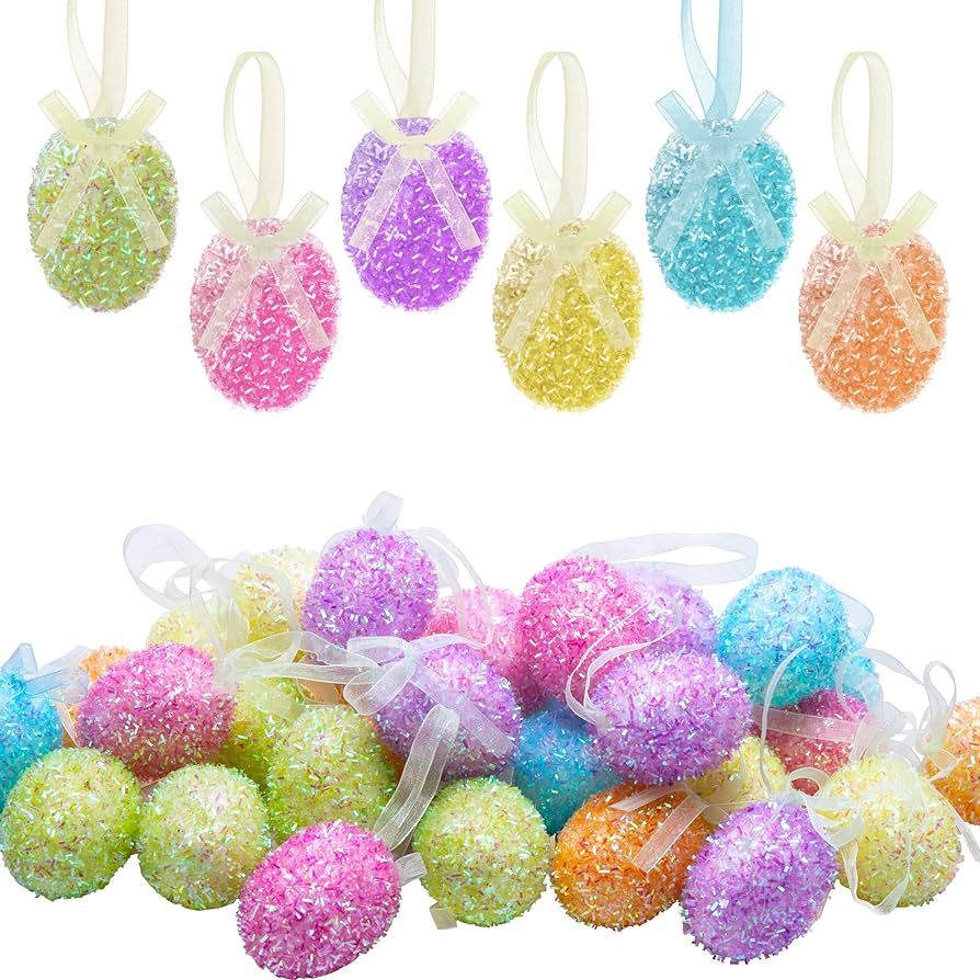 30PCS Easter Glitter Hanging Eggs - Colorful Tinsel Easter Egg Ornaments, Spring Foam Hanging Egg... | Amazon (US)