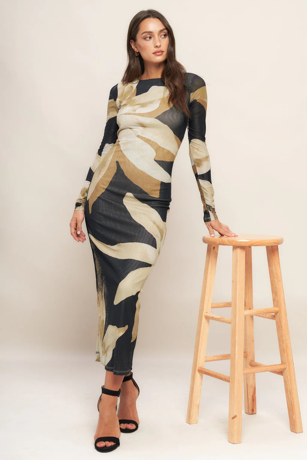 ABSTRACT BOTANICA POWER MESH MIDI DRESS | Lady Black Tie