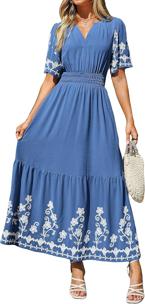 Simplee Women Summer Maxi Dress Formal Short Sleeve Embroidery Floral Boho Wedding Guest Tea Part... | Amazon (US)