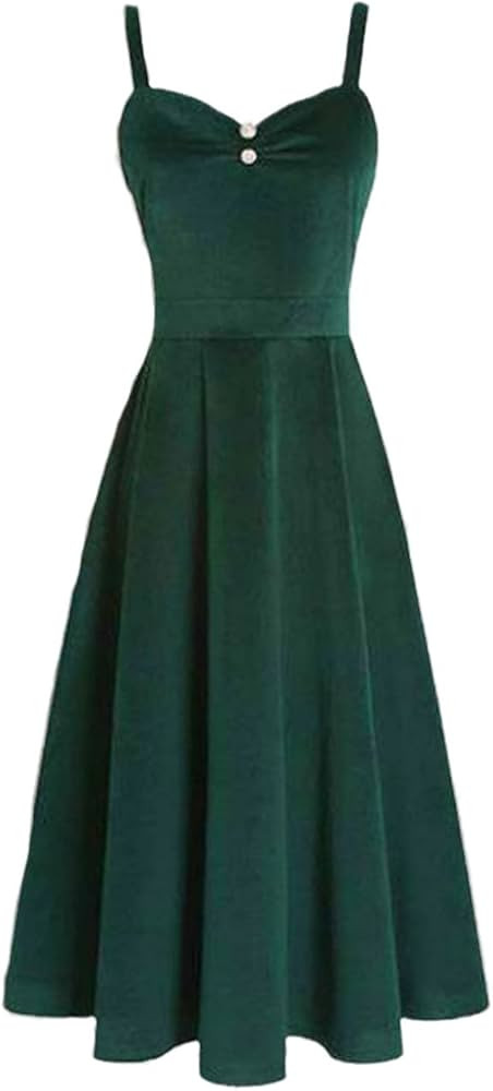 Vintage Elegant Soft Girl Cute Green Velvet Dress Strap V Neck A Line Knee Length Dress | Amazon (US)