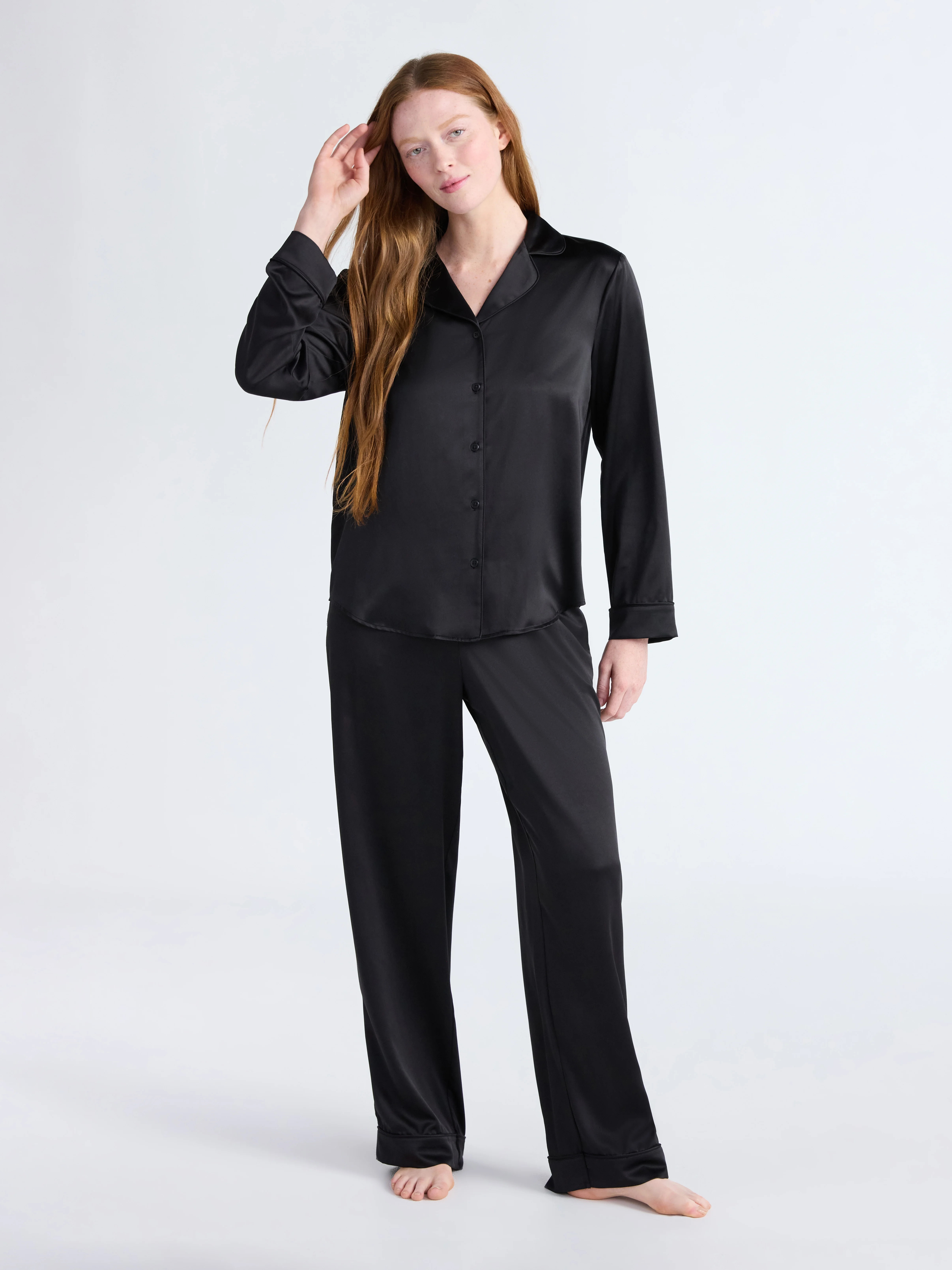 Joyspun Women’s Stretch Satin Notch Long Sleeve Top and Pants Pajama Set, 2-Piece, Sizes XS-3X | Walmart (US)